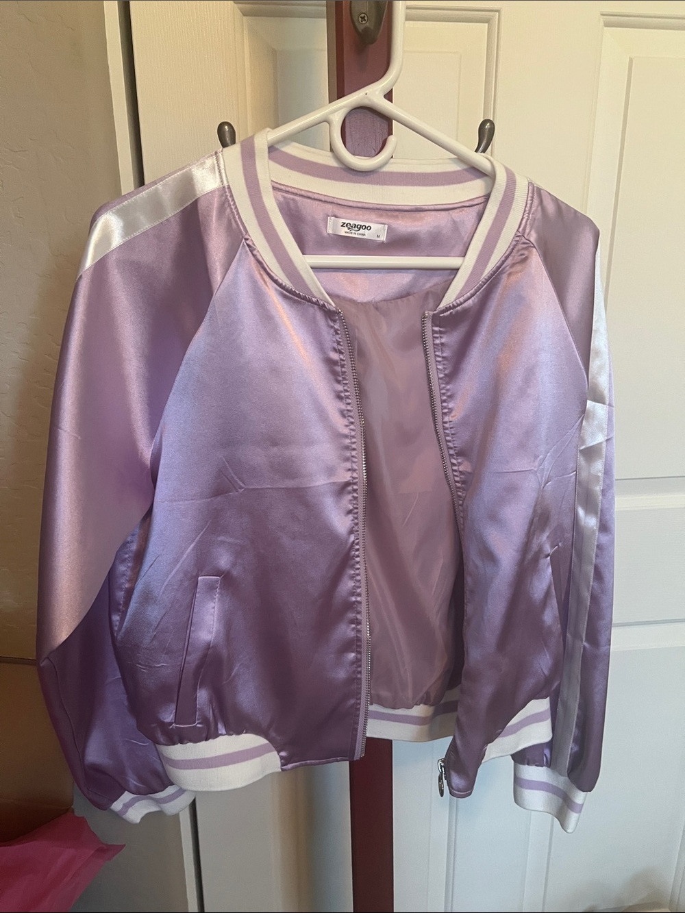 zeagoo Lavender Satin Bomber Jacket with White Trim - Picture 2 of 3